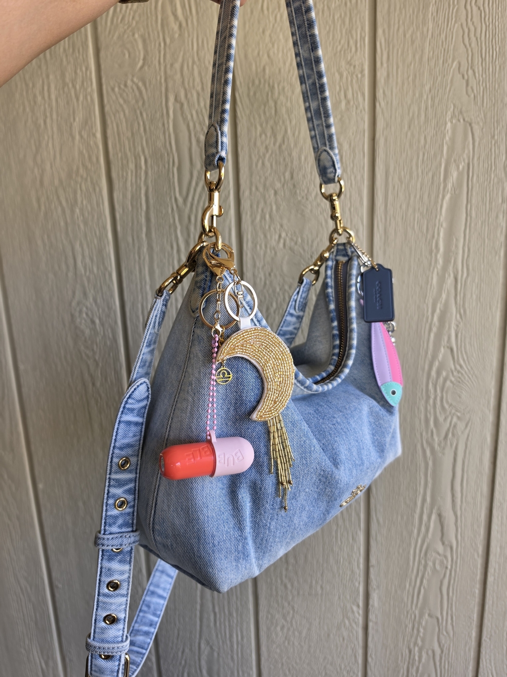 Coach Laurel Light Blue Denim Shoulder Bag with Pink & Purple Charm - Picture 3 of 7